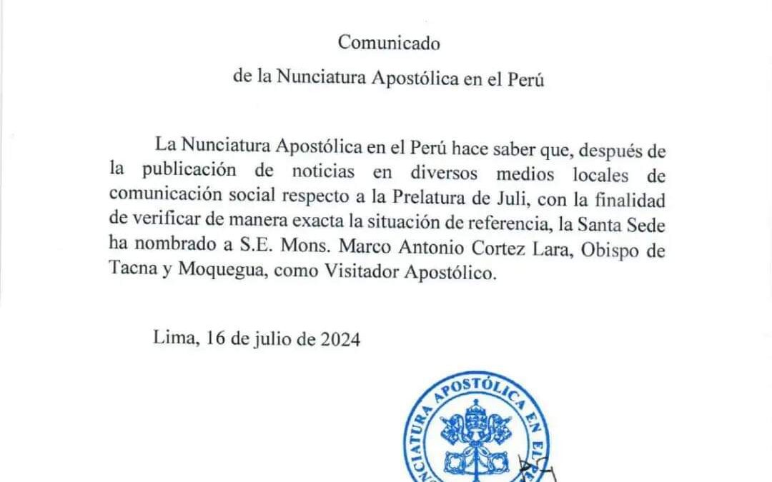 ANUNCIAN LA LLEGADA DE VISITADOR APOSTÓLICO PARA VERIFICAR SITUACION DEL OBISPO DE JULI