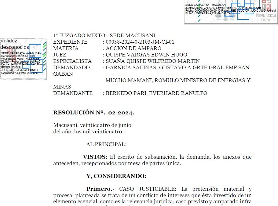 PODER JUDICIAL ADMITIÓ DEMANDA CONTRA EL MINEM, POR OMISIÓN A LA CONSULTA PREVIA Y DESPOJO DE TIERRAS POR PROYECTO SAN GABÁN II EN OLLACHEA – CARABAYA